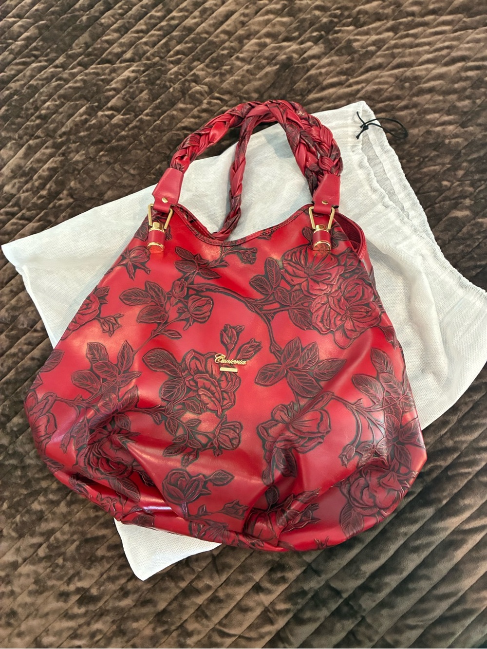 CUOIERIA FIORENTINA Red Floral Embossed Braided-Handle Hobo leather Bag. - Picture 3 of 13